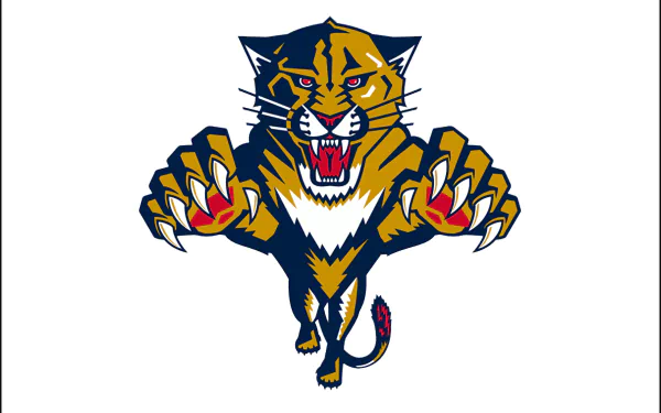 Florida Panthers logo: snarling panther with extended claws in navy, gold and red on white — 2K Quad HD PC desktop wallpaper/background.