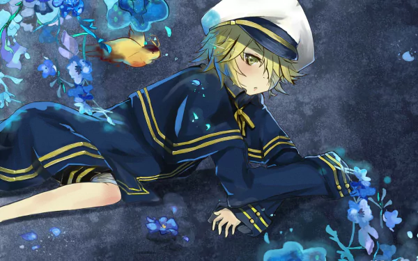 HD anime desktop wallpaper featuring Oliver from Vocaloid in a navy sailor outfit surrounded by glowing blue flowers and a small yellow bird.