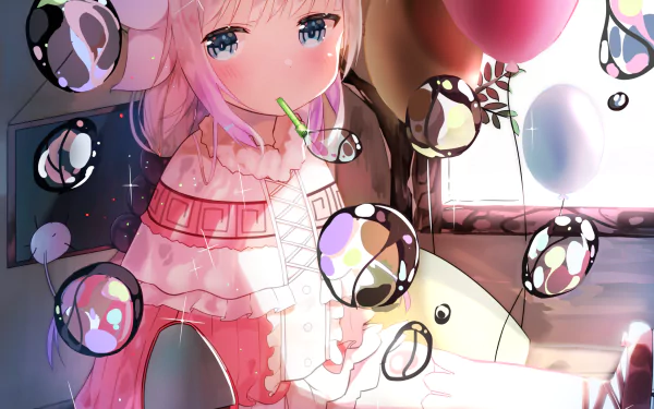 An HD desktop wallpaper featuring Kanna Kamui from the anime Miss Kobayashi's Dragon Maid, surrounded by balloons and bubbles.