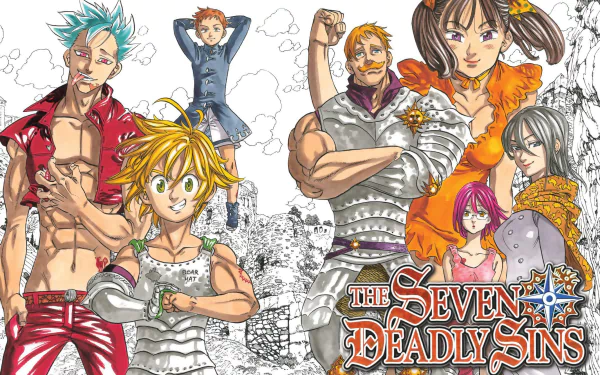 HD desktop wallpaper featuring characters from The Seven Deadly Sins: Escanor, Gowther, Merlin, Diane, King, Ban, and Meliodas. The background includes a detailed landscape scene.