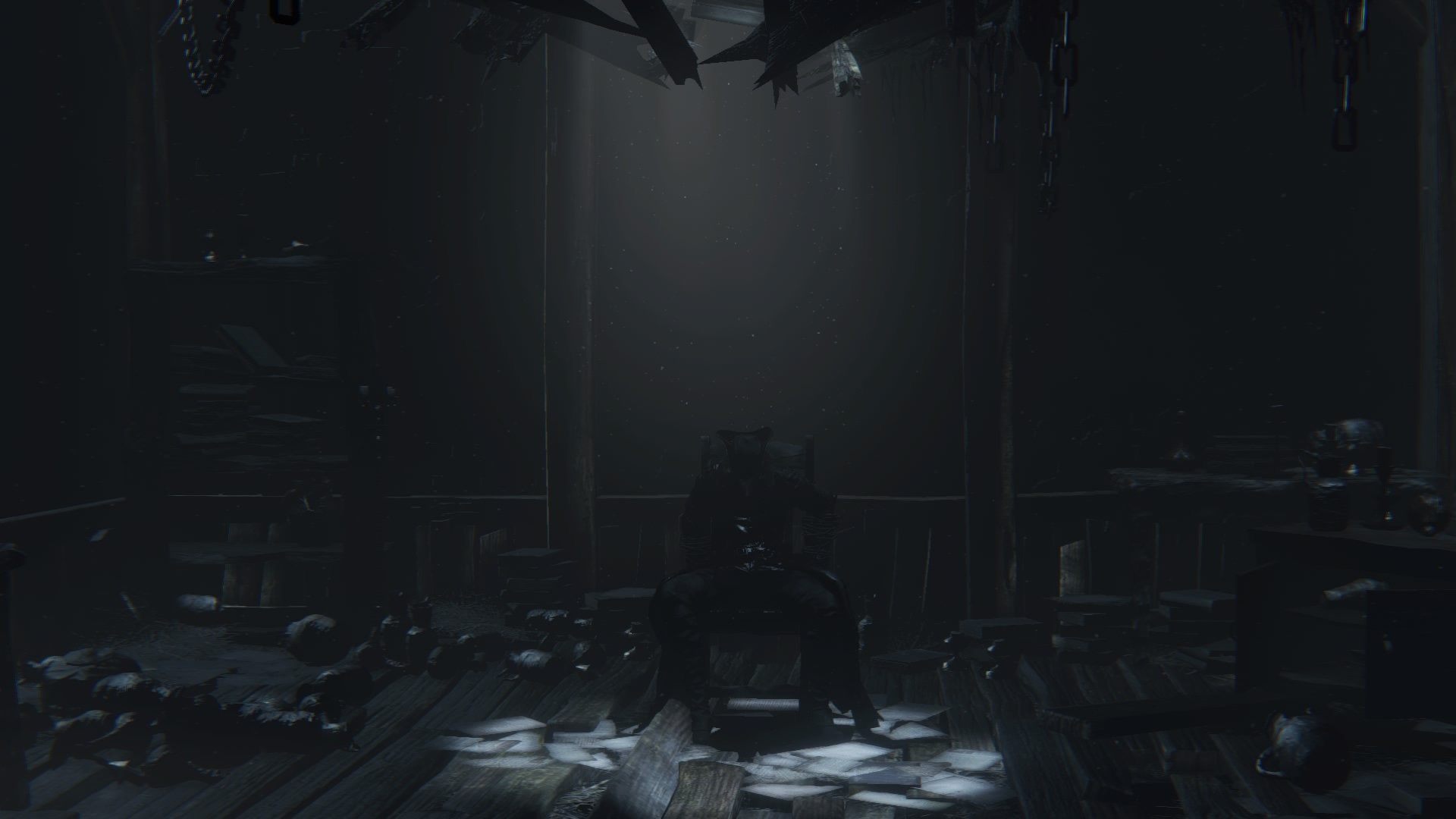 Dark gothic scene from video game Bloodborne: silhouetted hunter on a throne under a shaft of light amid ruins and hanging chains. HD PC desktop wallpaper/background.