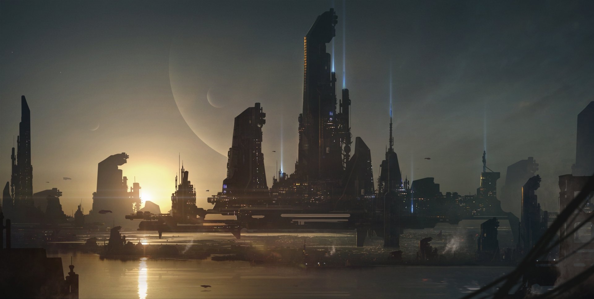 A stunning HD desktop wallpaper of a futuristic sci-fi city at sunset, featuring towering skyscrapers and a serene skyline. The sun sets behind the futuristic buildings, casting a warm glow over the city.