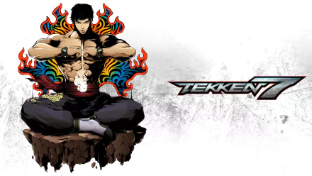 HD PC desktop wallpaper featuring Marshall Law from the video game Tekken 7, with dynamic flames behind him and the Tekken 7 logo on a textured white background.