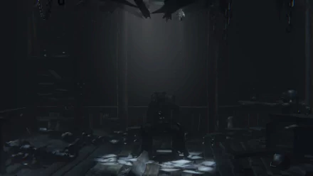 Dark gothic scene from video game Bloodborne: silhouetted hunter on a throne under a shaft of light amid ruins and hanging chains. HD PC desktop wallpaper/background.