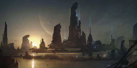 A stunning HD desktop wallpaper of a futuristic sci-fi city at sunset, featuring towering skyscrapers and a serene skyline. The sun sets behind the futuristic buildings, casting a warm glow over the city.