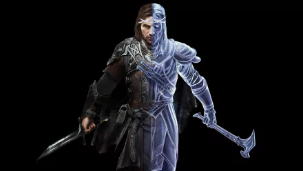 HD desktop wallpaper featuring Talion from Middle-earth: Shadow of War. Shows a striking half-and-half image of him, blending his human and spectral forms, set against a dark background.