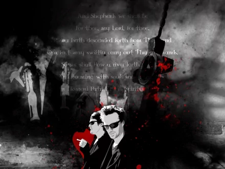 HD PC desktop wallpaper featuring a dark, stylized design from the movie The Boondock Saints, highlighting key characters and dramatic red and black tones.