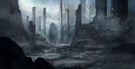 A dark, misty fantasy landscape featuring ancient ruins and towering pillars, rendered in HD for a dramatic PC desktop wallpaper background.