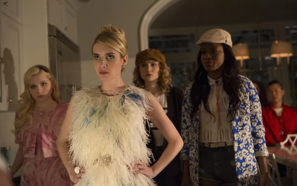 HD desktop wallpaper featuring characters from Scream Queens posing dramatically in a scene.