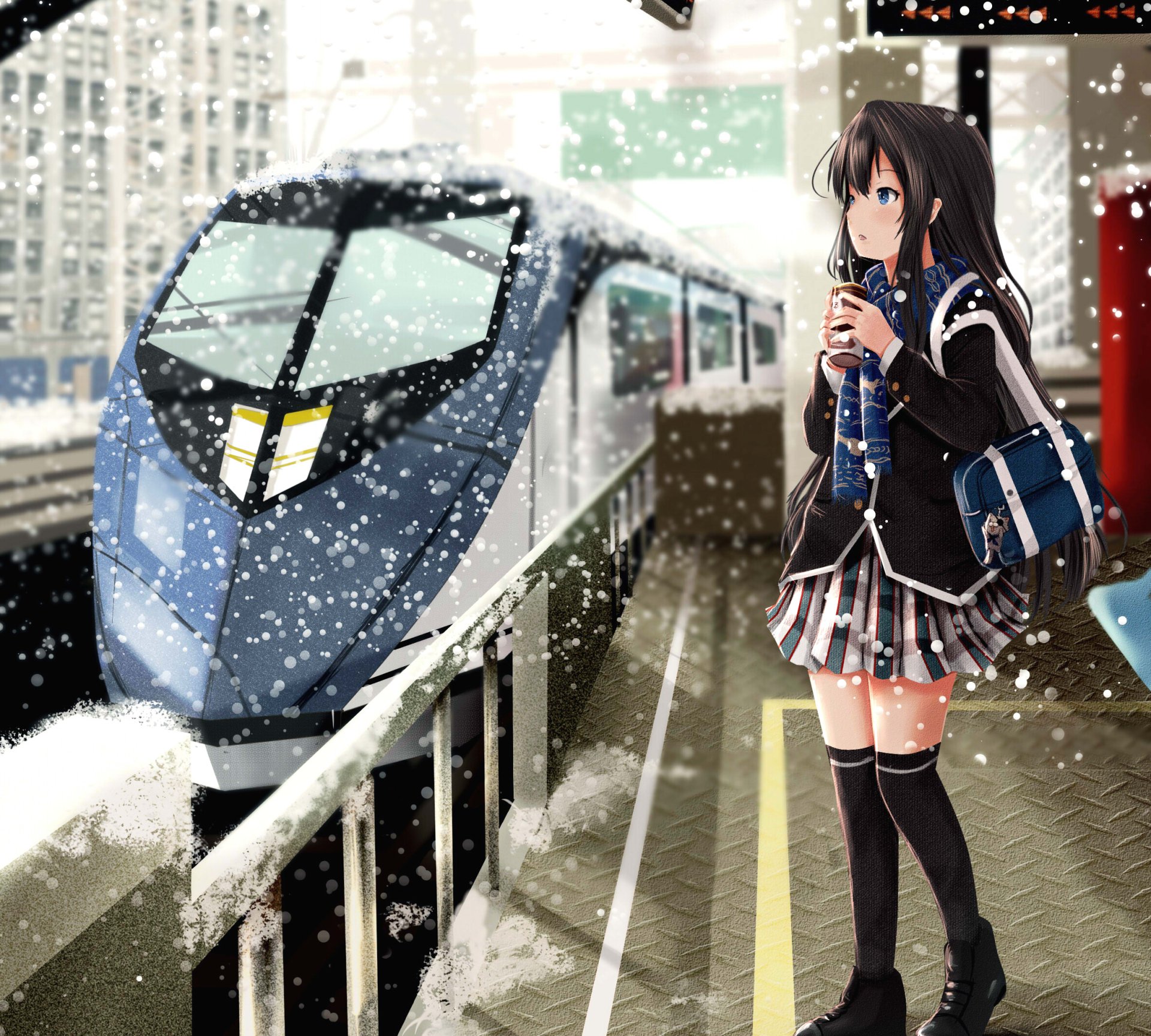 Yukino Yukinoshita from My Teen Romantic Comedy SNAFU stands on a snowy platform near a train in this HD desktop wallpaper.