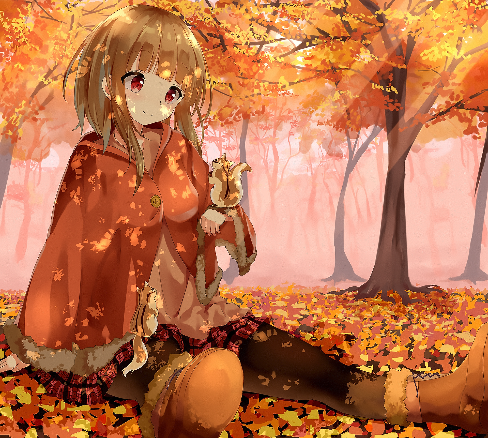 An enchanting anime character with blonde hair and red eyes sits among autumn leaves holding a squirrel, with a serene forest in the background. HD desktop wallpaper and background.