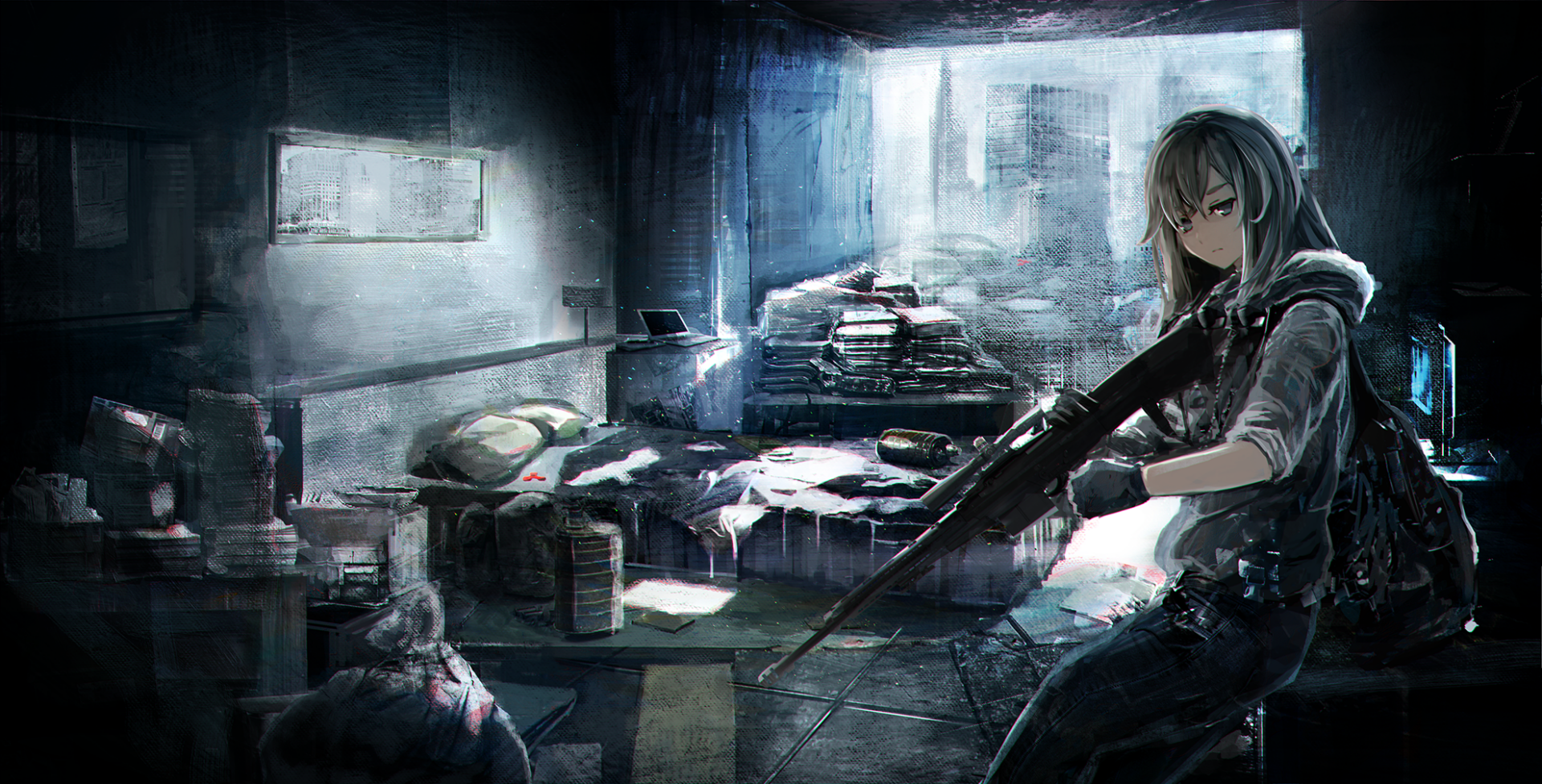 A striking anime HD desktop wallpaper featuring an original character wielding a rifle in a dimly lit, cluttered room with a moody, atmospheric setting.