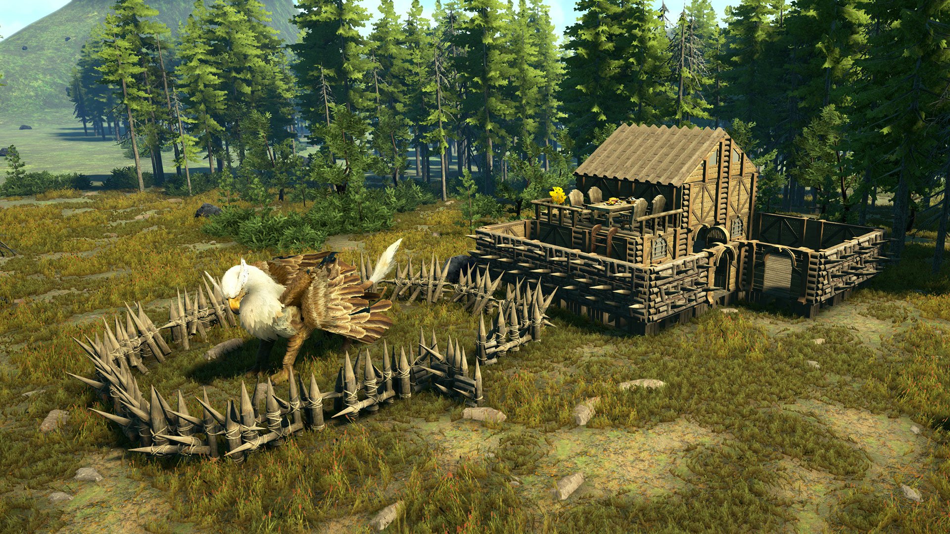 HD PC desktop wallpaper from the video game Dark and Light: a forest homestead with a log cabin, spiked wooden pen and a white winged mount.