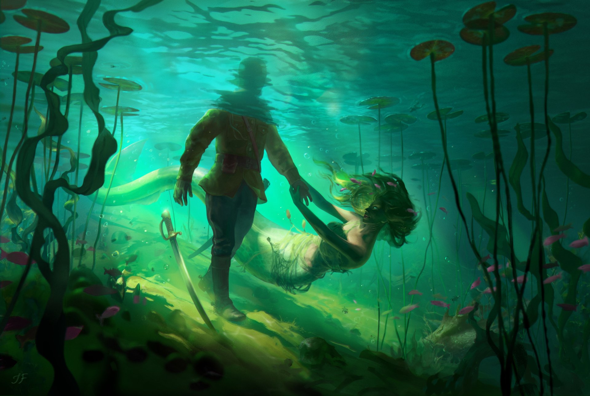 Underwater fantasy scene of a green-haired mermaid holding hands with a person, surrounded by aquatic plants and fish, rendered as an HD PC desktop wallpaper.