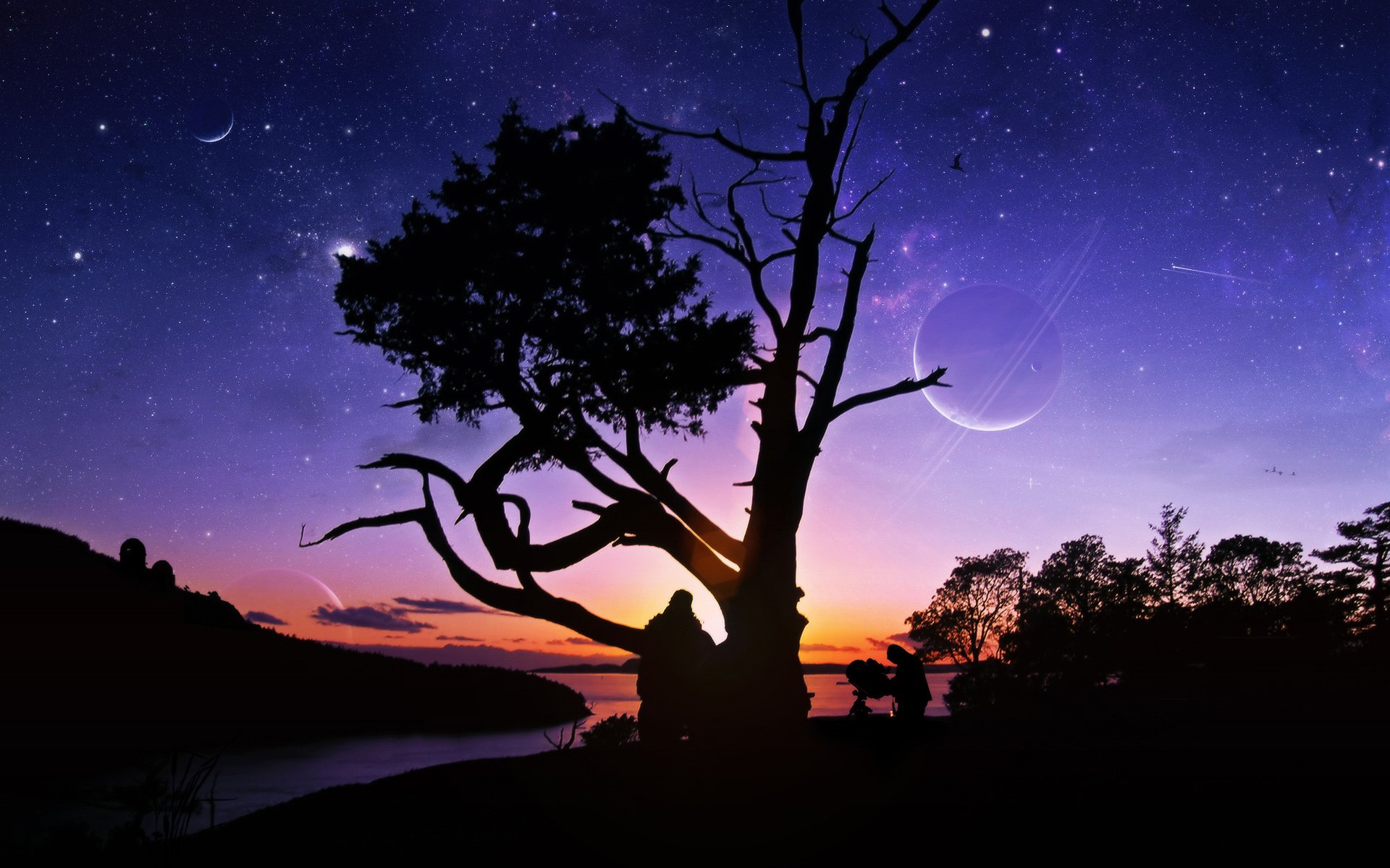 A stunning sci-fi landscape featuring a silhouetted tree against a vibrant twilight sky filled with stars, planets, and a serene river, creating a captivating desktop wallpaper.