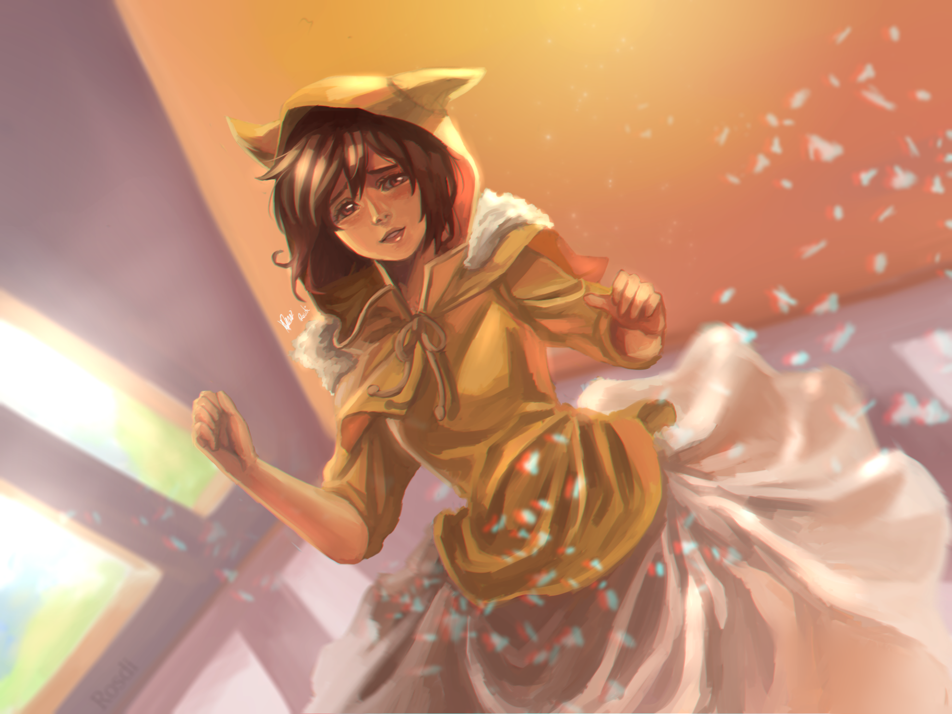 Anime original girl with animal ears, short brown hair and brown eyes in a yellow hoodie and flowing skirt, bathed in warm light — HD PC desktop wallpaper/background.