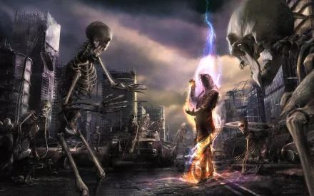 A dark fantasy scene featuring a wizard casting magic amidst a desolate city, surrounded by skeletons. The vibrant lightning contrasts with the eerie undead atmosphere.