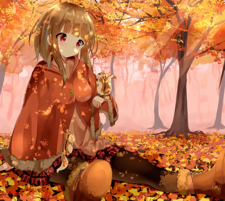An enchanting anime character with blonde hair and red eyes sits among autumn leaves holding a squirrel, with a serene forest in the background. HD desktop wallpaper and background.