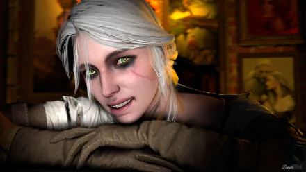 HD PC desktop wallpaper of Ciri from the video game The Witcher 3: Wild Hunt, featuring a close-up of her intense expression and white hair in a warm-lit setting.