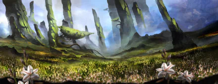 2K Quad HD PC desktop wallpaper: fantasy landscape meadow of flowers, mossy towering spires and misty cliffs, lone white blossom in foreground.