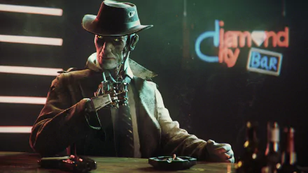 Nick Valentine from the video game Fallout 4 sits at a bar in this HD PC desktop wallpaper, illuminated by neon signs in a moody, atmospheric setting.