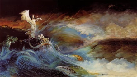 Artistic painting of a powerful ocean wave with a woman playing a violin, creating a dramatic and dynamic HD PC desktop wallpaper background.