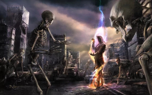 A dark fantasy scene featuring a wizard casting magic amidst a desolate city, surrounded by skeletons. The vibrant lightning contrasts with the eerie undead atmosphere.