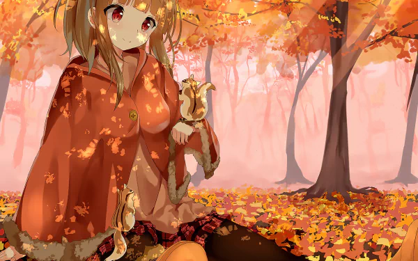 An enchanting anime character with blonde hair and red eyes sits among autumn leaves holding a squirrel, with a serene forest in the background. HD desktop wallpaper and background.