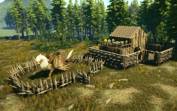 HD PC desktop wallpaper from the video game Dark and Light: a forest homestead with a log cabin, spiked wooden pen and a white winged mount.