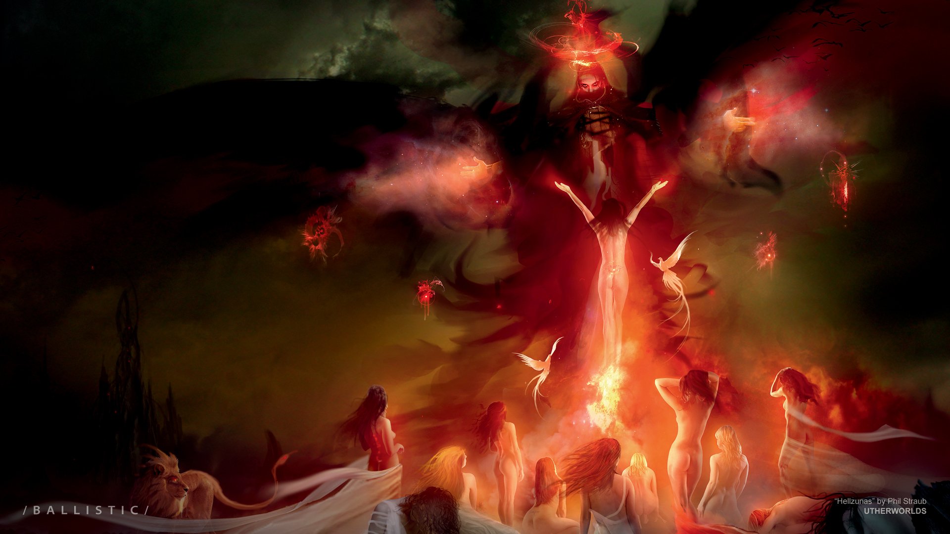 A mystical scene featuring a powerful sorcerer commanding elemental forces, surrounded by ethereal figures, creating a captivating fantasy atmosphere. HD desktop wallpaper.