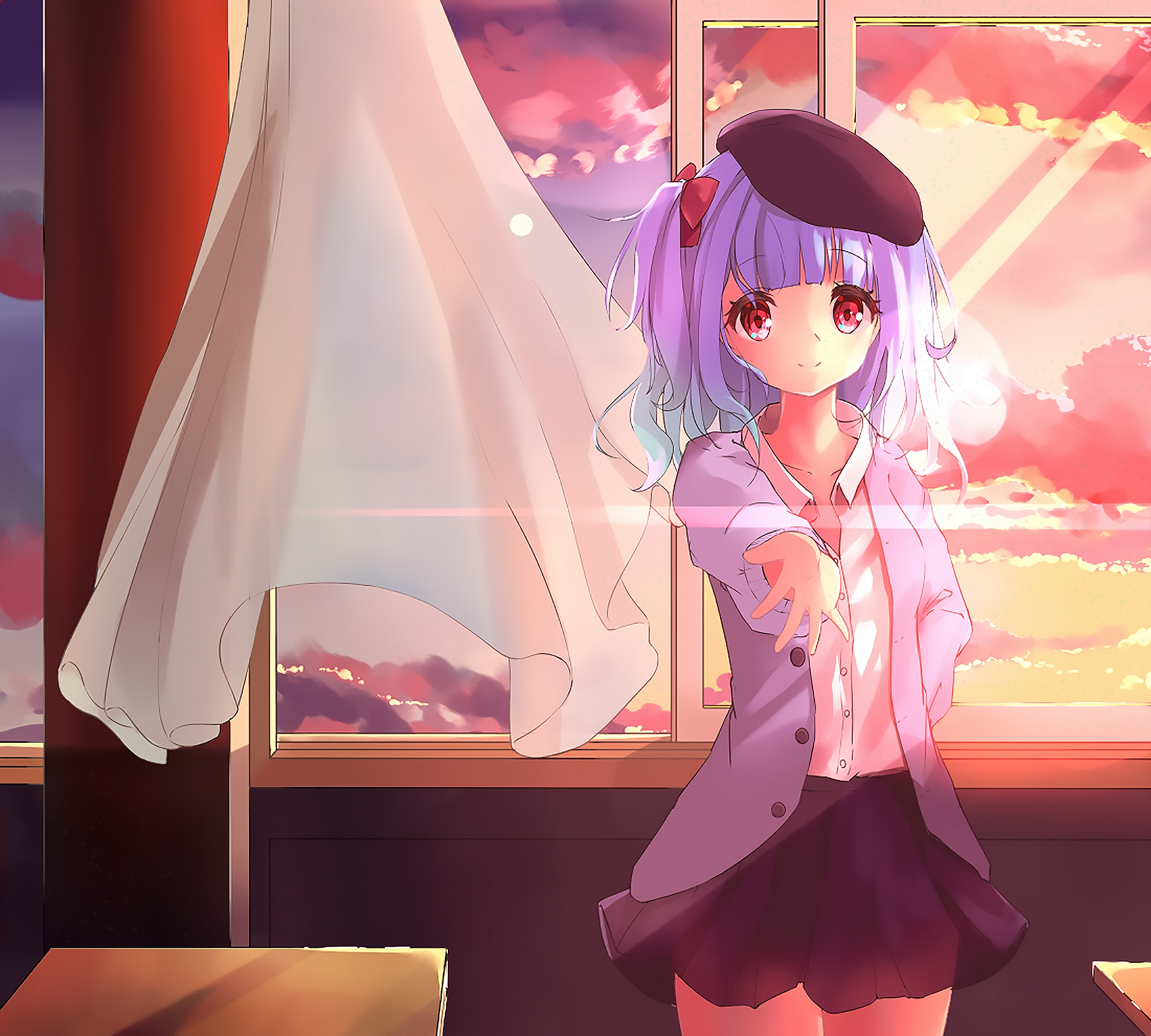 HD anime girl desktop wallpaper featuring a purple-haired girl with red eyes and a hat, standing by a window with sunlight streaming through.