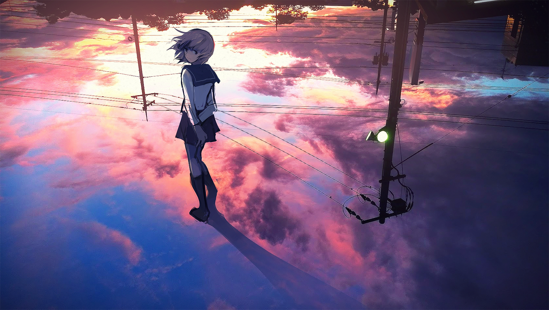 Anime-style character standing on a reflective surface with clouds and vibrant colors in the background. HD desktop wallpaper and background.