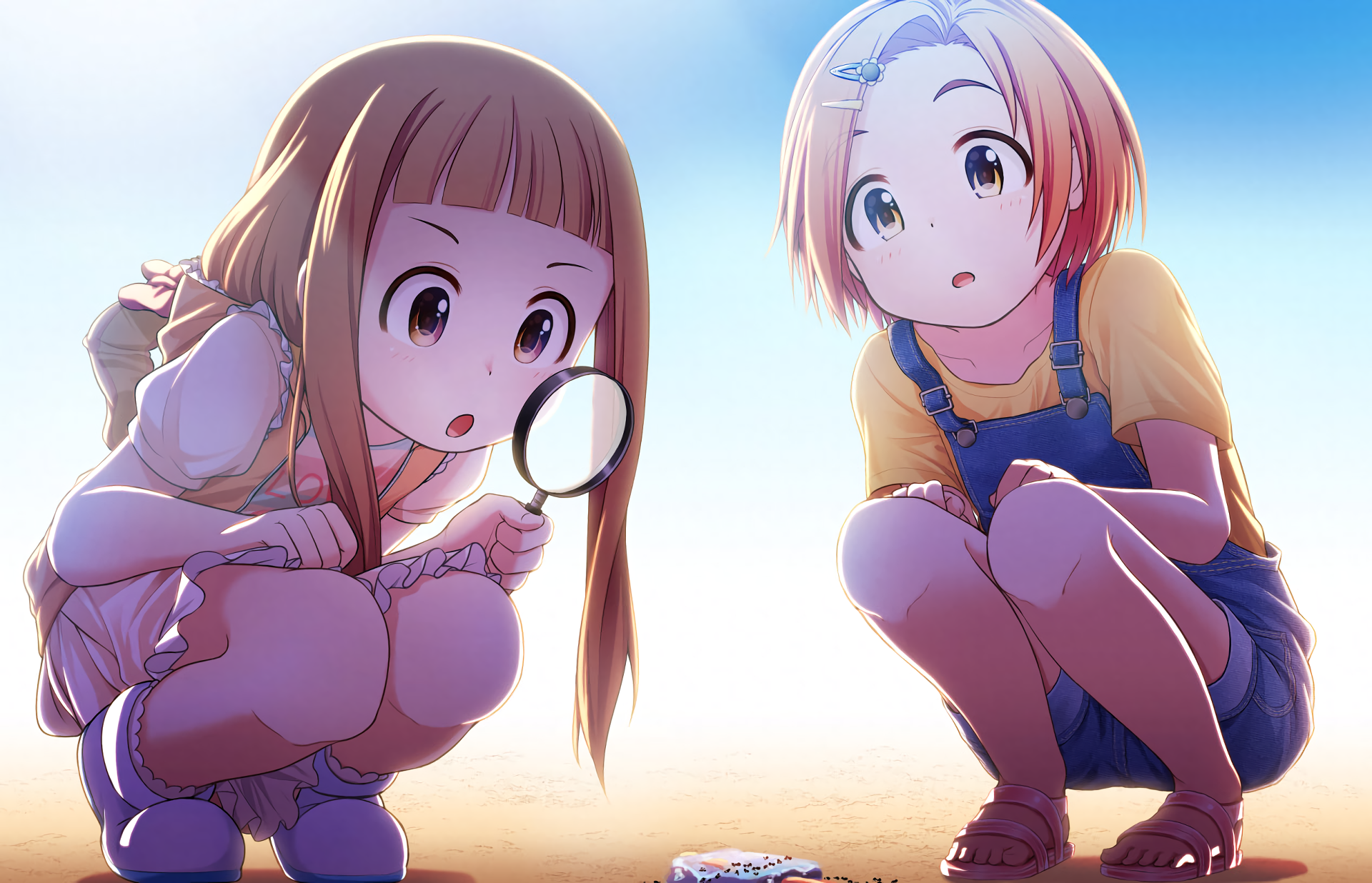 HD anime desktop wallpaper featuring two characters from The iDOLM@STER Cinderella Girls closely examining something on the ground with a magnifying glass.