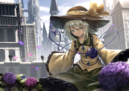 Anime HD desktop wallpaper featuring Koishi Komeiji from Touhou, adorned in a hat and surrounded by a detailed background of towering buildings and vibrant purple flowers.