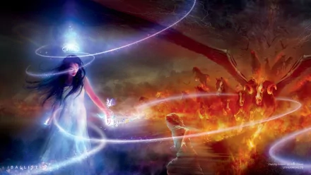 A mystical scene featuring a demon conjuring magic amidst a fiery landscape, with ethereal swirls surrounding a fantasy creature and a spectral figure, creating an immersive fantasy atmosphere.