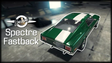 Video game HD PC desktop wallpaper from Car Mechanic Simulator 2018 showing a green Salem Spectre Fastback with white racing stripes in a dimly lit garage.