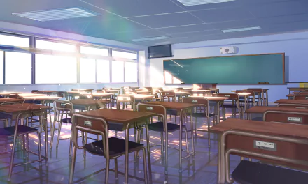 Original anime HD PC desktop wallpaper: sunlit empty classroom with rows of chairs and tables, sunlight streaming across the shiny floor toward a green chalkboard.