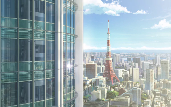 4K Ultra HD anime-style cityscape of Tokyo featuring the Tokyo Tower against a bright sky with clouds, inspired by the anime Your Name.