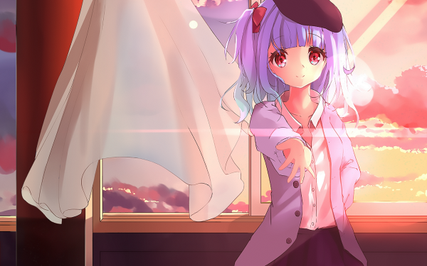 Anime Girl Window Purple Hair Hat Red Eyes Sun HD Wallpaper | Background Image