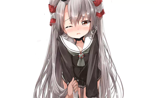 Amatsukaze (Kancolle) anime — Kantai Collection character with long silver hair in black sailor uniform winking, 2K Quad HD PC desktop wallpaper/background.
