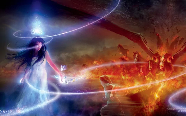 A mystical scene featuring a demon conjuring magic amidst a fiery landscape, with ethereal swirls surrounding a fantasy creature and a spectral figure, creating an immersive fantasy atmosphere.