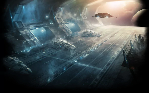 HD wallpaper of a spaceship launch scene from the video game Stellaris, depicting a futuristic space station with multiple spacecraft and a distant planet.