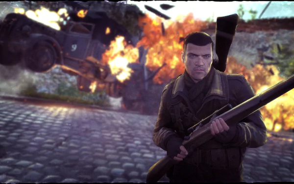 HD PC desktop wallpaper featuring a sniper from the video game Sniper Elite 4 with an intense explosion and a helicopter in the background.