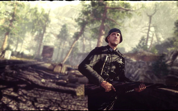 HD PC desktop wallpaper featuring a Sniper Elite 4 video game scene with a soldier holding a rifle in a forested environment.