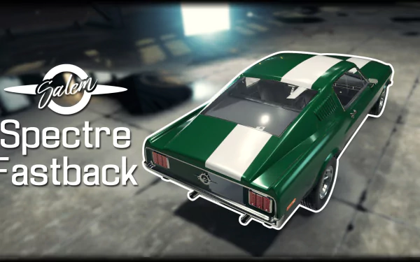 Video game HD PC desktop wallpaper from Car Mechanic Simulator 2018 showing a green Salem Spectre Fastback with white racing stripes in a dimly lit garage.