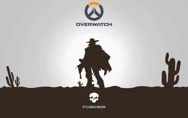 HD PC desktop wallpaper of Jesse McCree (McCree) from Overwatch: video game cowboy silhouette in a desert with cacti, Overwatch logo and It's High Noon caption.