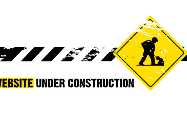 HD desktop wallpaper of a Website Under Construction sign with a worker silhouette and caution stripes.