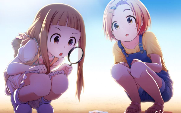 HD anime desktop wallpaper featuring two characters from The iDOLM@STER Cinderella Girls closely examining something on the ground with a magnifying glass.