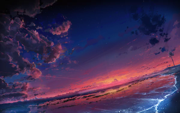 Anime-styled HD wallpaper depicting a scenic beach at sunset, with a dramatic sky filled with clouds and vibrant colors.