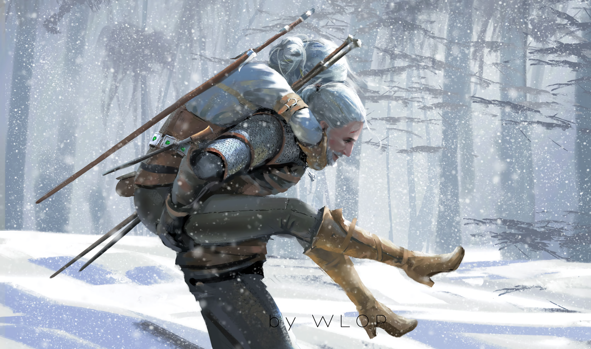 HD wallpaper featuring Ciri and Geralt of Rivia from The Witcher 3: Wild Hunt, with Ciri being carried through a snowy forest scene.